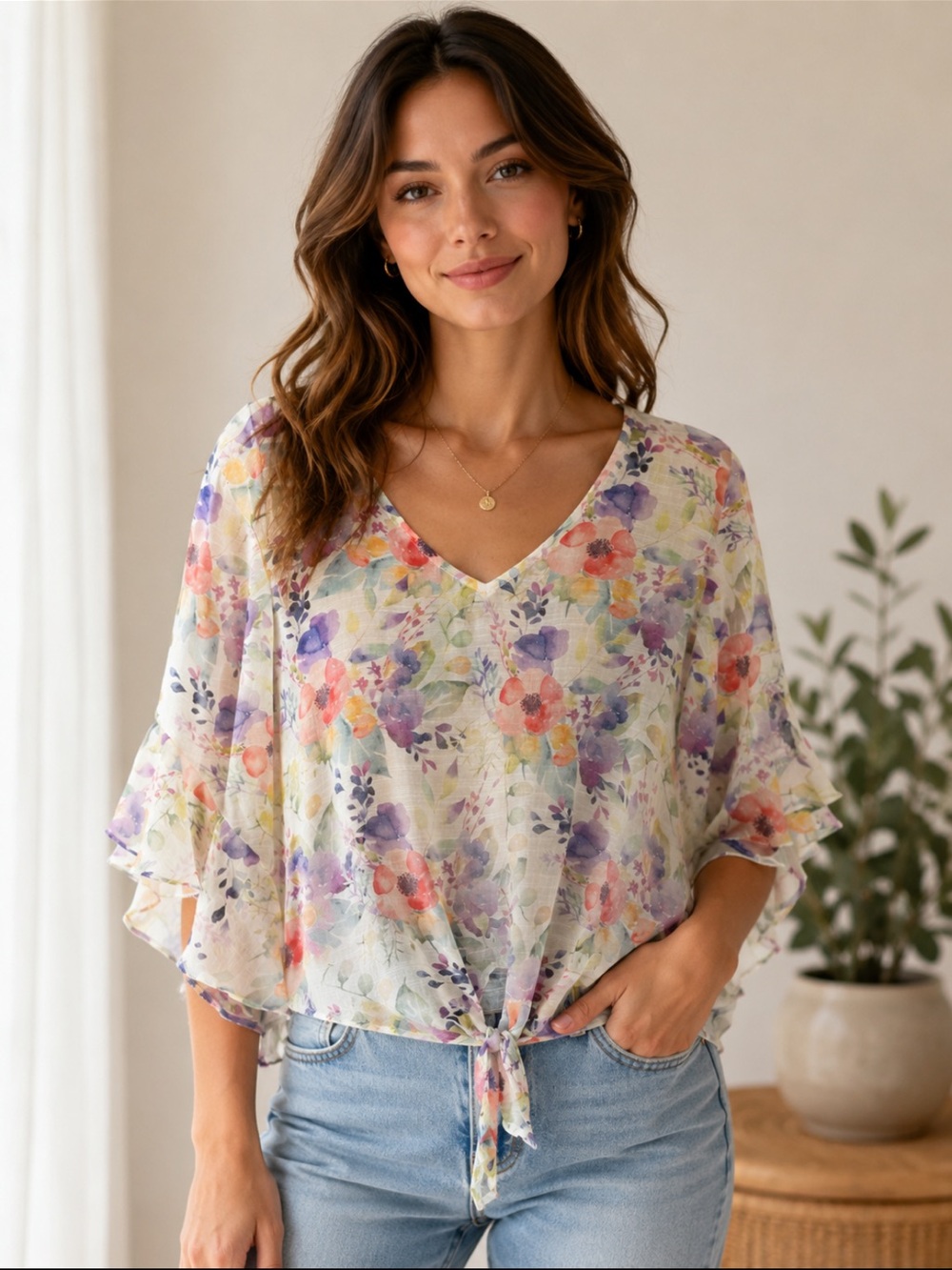 V-Neck Floral Tie-Front Blouse - Multi Floral